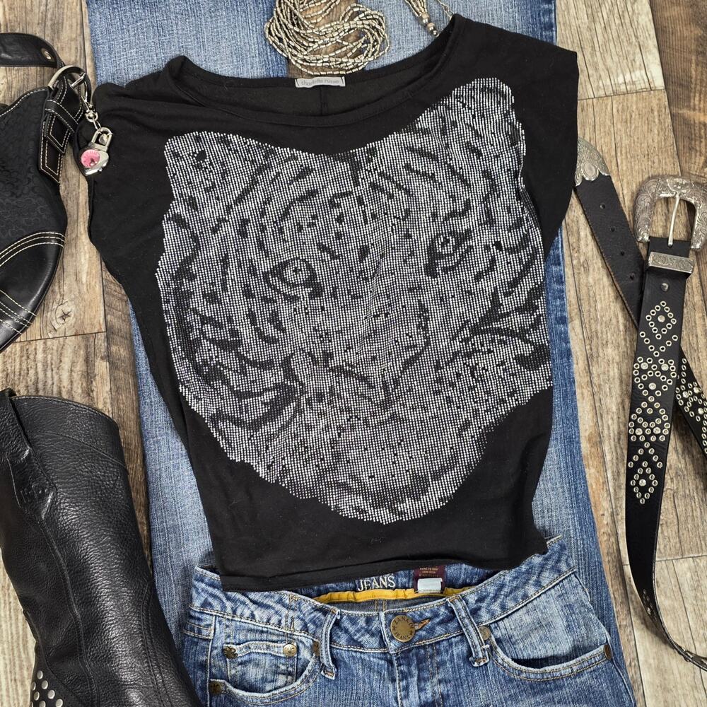 Rhinestone Tiger T-Shirt Black Indie Sleeze Y2K 2010s Grunge Statement McBling